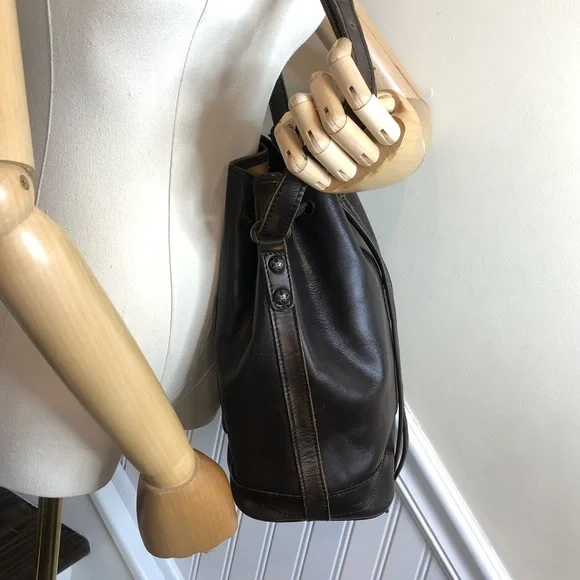 PATRICIA NASH Brown Leather Drawstring Bucket Bag Adjustable Shoulder Strap Bags